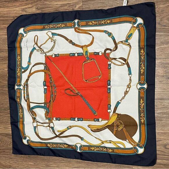 Vintage Fernand Aubry Paris Scarf Equestrian Design Blue Cream Red Tan Gold 30” - Picture 13 of 15